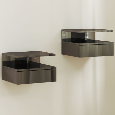 Dormitor & birou -  Set de 2 noptiere moderne suspendate cu sertar si polita din lemn, 35x32x22,5cm, negru lucios