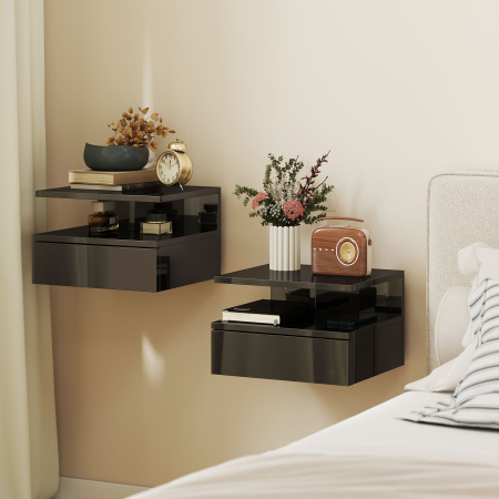  Set de 2 noptiere moderne suspendate cu sertar si polita din lemn, 35x32x22,5cm, negru lucios [1]