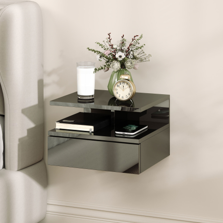  Set de 2 noptiere moderne suspendate cu sertar si polita din lemn, 35x32x22,5cm, negru lucios [6]