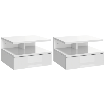 Dormitor & birou -  Set de 2 Noptiere Moderne Suspendate cu Sertar si Raft din Lemn 35x32x22,5cm, Alb Lucios