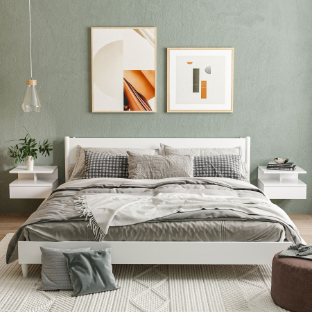  Set de 2 Noptiere Moderne Suspendate cu Sertar si Raft din Lemn 35x32x22,5cm, Alb Lucios [1]