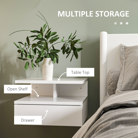  Set de 2 Noptiere Moderne Suspendate cu Sertar si Raft din Lemn 35x32x22,5cm, Alb Lucios [4]