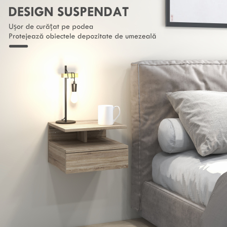  Set de 2 noptiere moderne suspendate pentru dormitor cu sertar si raft din lemn 35x32x22,5cm, stejar [3]