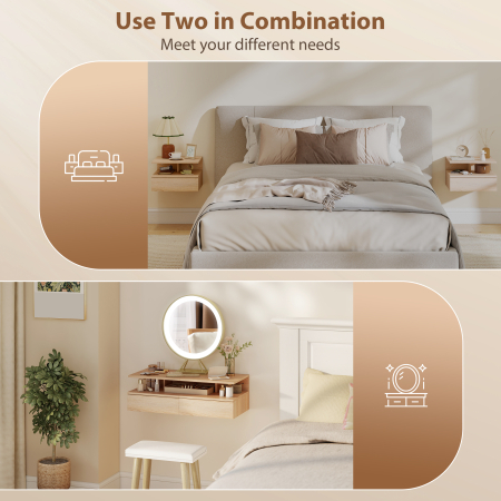  Set de 2 noptiere moderne suspendate pentru dormitor cu sertar si raft din lemn 35x32x22,5cm, stejar [7]