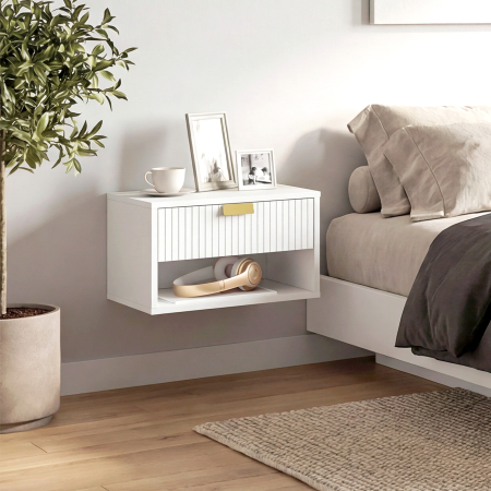  Set de 2 Noptiere Suspendate cu Sertar Decorat si Raft Deschis, Alb [8]