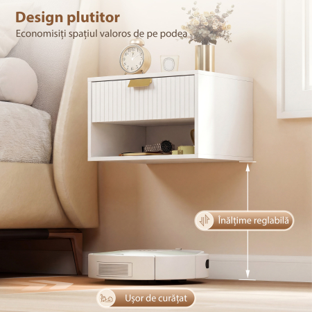  Set de 2 Noptiere Suspendate cu Sertar Decorat si Raft Deschis, Alb [4]