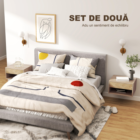  Set de 2 Noptiere Suspendate cu Sertar si Compartiment 37x32x21 cm Lemn Natural [3]