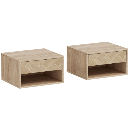 Mobila dormitor -  Set de 2 Noptiere Suspendate cu Sertar si Compartiment 37x32x21 cm Lemn Natural