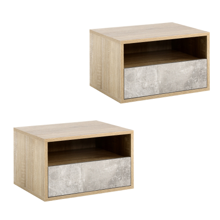  Set de 2 Noptiere Suspendate cu Sertar si Etajera 45x35x27.5cm - Gri/Culoare Lemn [0]