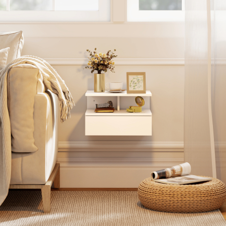  Set de 2 Noptiere Suspendate cu Sertar si Raft Deschis, 35x32x22,5 cm, Alb [8]