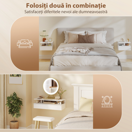  Set de 2 Noptiere Suspendate cu Sertar si Raft Deschis, 35x32x22,5 cm, Alb [5]