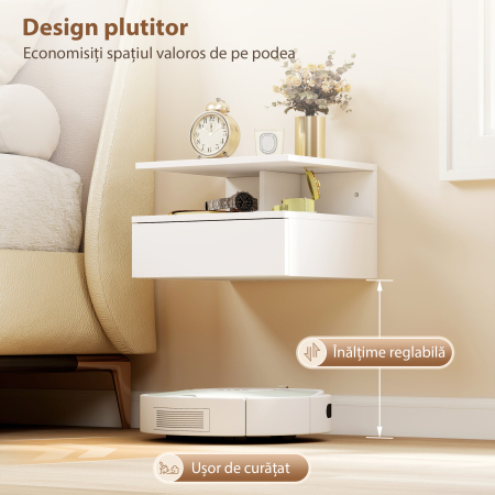  Set de 2 Noptiere Suspendate cu Sertar si Raft Deschis, 35x32x22,5 cm, Alb [4]