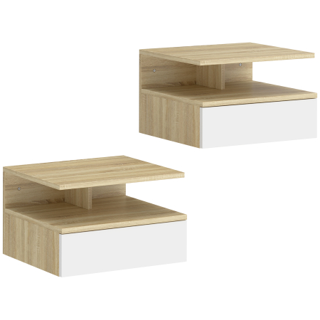 Dormitor & birou -  Set de 2 Noptiere Suspendate cu Sertar si Raft Deschis, 35x32x22,5 cm, Alb si Stejar