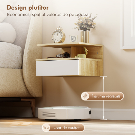  Set de 2 Noptiere Suspendate cu Sertar si Raft Deschis, 35x32x22,5 cm, Alb si Stejar [3]