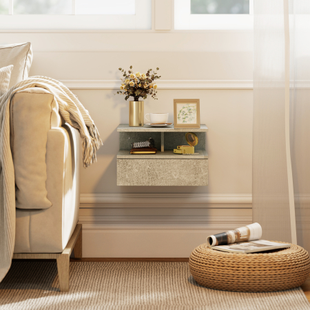  Set de 2 Noptiere Suspendate cu Sertar si Raft Deschis, 35x32x22.5 cm, Gri Ciment [8]