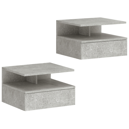 Dormitor & birou -  Set de 2 Noptiere Suspendate cu Sertar si Raft Deschis, 35x32x22.5 cm, Gri Ciment