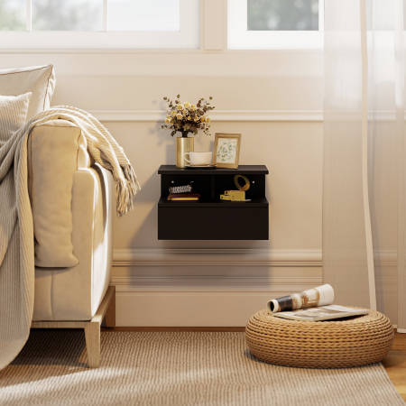  Set de 2 Noptiere Suspendate cu Sertar si Raft Deschis, 35x32x22.5 cm, Negru [8]