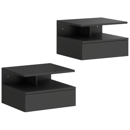 Dormitor & birou -  Set de 2 Noptiere Suspendate cu Sertar si Raft Deschis, 35x32x22.5 cm, Negru