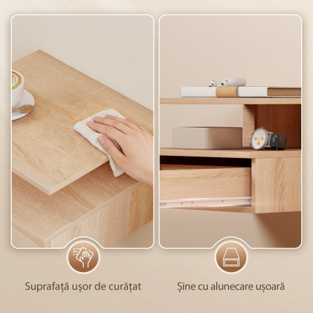  Set de 2 Noptiere Suspendate cu Sertar si Raft Deschis, 35x32x22.5 cm, Stejar [6]