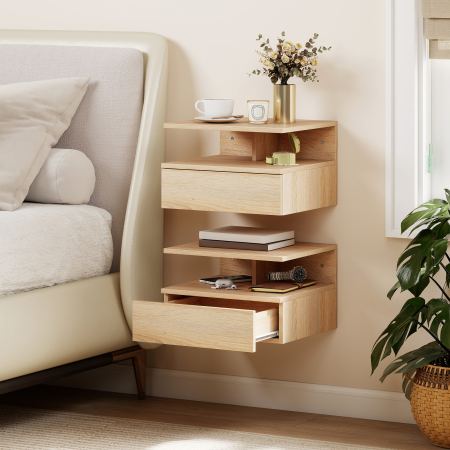  Set de 2 Noptiere Suspendate cu Sertar si Raft Deschis, 35x32x22.5 cm, Stejar [1]