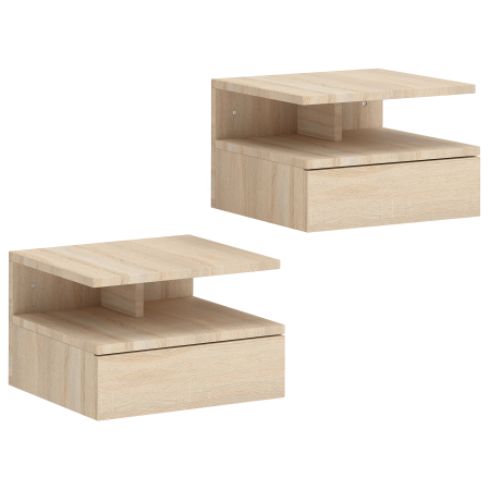 Dormitor & birou -  Set de 2 Noptiere Suspendate cu Sertar si Raft Deschis, 35x32x22.5 cm, Stejar