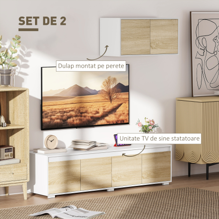  Set de 2 Piese pentru Televizor cu Dulap de Perete, Unitate de Divertisment Independenta pentru Televizoare de 70 de inci, cu Rafturi Reglabile si Gauri pentru Cabluri, Natur [3]