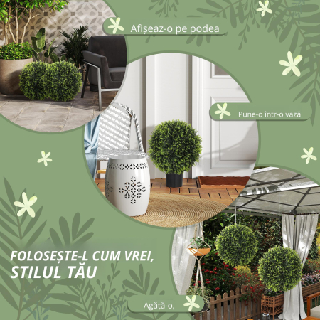 Set de 2 Plante Artificiale Rotunde cu Frunze de Cedru pentru Casa si Gradina Ø45 cm, Verde [4]