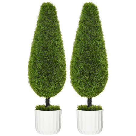 Living & hol -  Set de 2 plante false de chiparos cu ghivece Ø12x16 cm, muschi si ciment, din PE si plastic, verde si alb