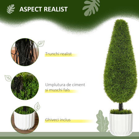  Set de 2 plante false de chiparos cu ghivece Ø12x16 cm, muschi si ciment, din PE si plastic, verde si alb [3]