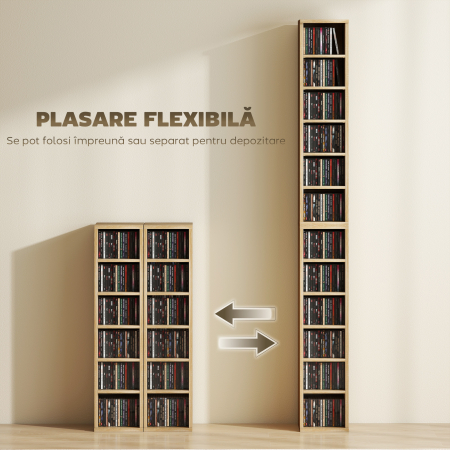  Set de 2 Rafturi pentru CD-uri cu Polite Reglabile, Capacitate 204 CD-uri, Design Compact, 21x22,5x88,5 cm, Stejar [4]