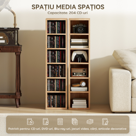  Set de 2 Rafturi pentru CD-uri cu Polite Reglabile, Suport pentru 204 CD-uri Economisitor de Spatiu, Mobilier pentru CD-uri cu 12 Compartimente, pentru Living, Dormitor, Birou, 21x22,5x88,5cm, Culoar [3]
