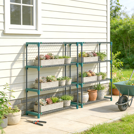  Set de 2 rafturi pentru plante cu 4 niveluri din otel cu carlige, 90x28x104 cm, verde [1]