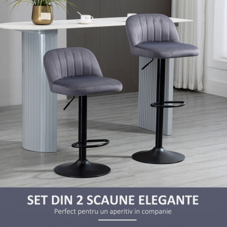  Set de 2 scaune de bar cu efect de catifea cu spatar si suport pentru picioare, 43x45x81-101cm, gri [3]