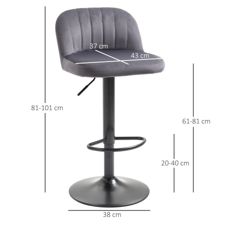  Set de 2 scaune de bar cu efect de catifea cu spatar si suport pentru picioare, 43x45x81-101cm, gri [2]