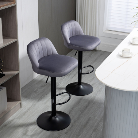  Set de 2 scaune de bar cu efect de catifea cu spatar si suport pentru picioare, 43x45x81-101cm, gri [7]