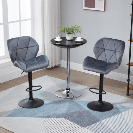  Set de 2 Scaune de Bar cu inaltime Reglabila, Baza Metalica si sezut din Catifea, 51.5x57.5x93-114.5 cm, Gri [1]