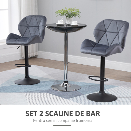  Set de 2 Scaune de Bar cu inaltime Reglabila, Baza Metalica si sezut din Catifea, 51.5x57.5x93-114.5 cm, Gri [6]