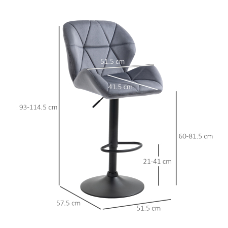  Set de 2 Scaune de Bar cu inaltime Reglabila, Baza Metalica si sezut din Catifea, 51.5x57.5x93-114.5 cm, Gri [2]