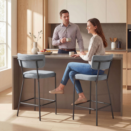  Set de 2 Scaune de Bar cu Spatar si Tapitate, Scaune inalte din material textil cu suport pentru picioare integrat si structura din metal usor de montat, Scaune pentru bucatarie si living, Gri deschi [1]