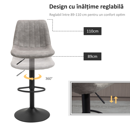  Set de 2 scaune de bar in stil industrial cu spatar din microfibra, suport pentru picioare si inaltime reglabila gri [6]
