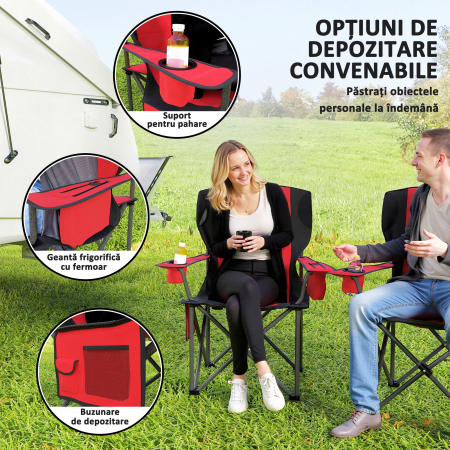 Set  de 2 Scaune de Camping Pliabile cu Cooler, Suport de Pahare si 2 Buzunare, 94x62x100 cm, Rosu [5]