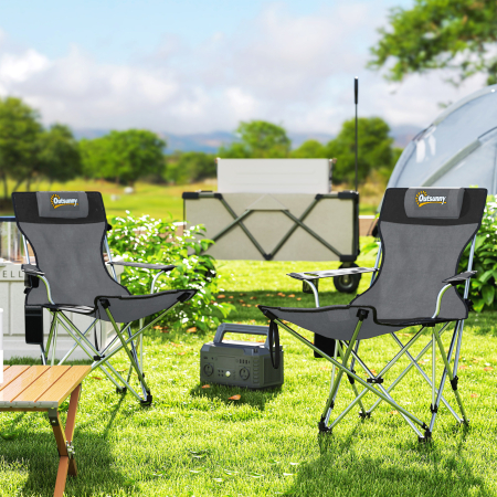  Set de 2 Scaune de Camping Pliabile cu Suport pentru Picioare Detasabil, 82x100x88 cm, Negru [1]