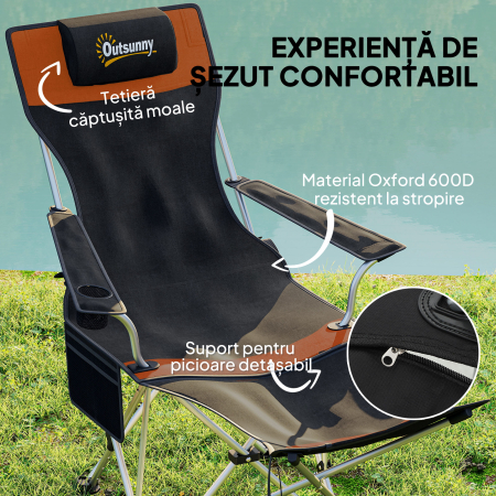  Set de 2 Scaune de Camping Pliabile cu Suport pentru Picioare Detasabil, 82x100x88 cm, Negru [3]