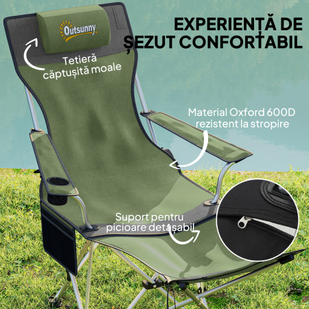  Set de 2 Scaune de Camping Pliabile cu Suport pentru Picioare Detasabil, 82x100x88 cm, Negru [3]