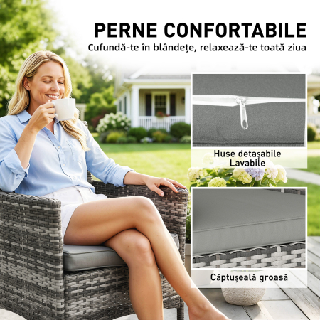  Set de 2 Scaune de Gradina din Ratan, Scaune de Exterior cu Perne, Cotiere si Spatar inalt, Cadru din Otel pentru Veranda, Balcon, Langa Piscina si Gradina, Gri [5]