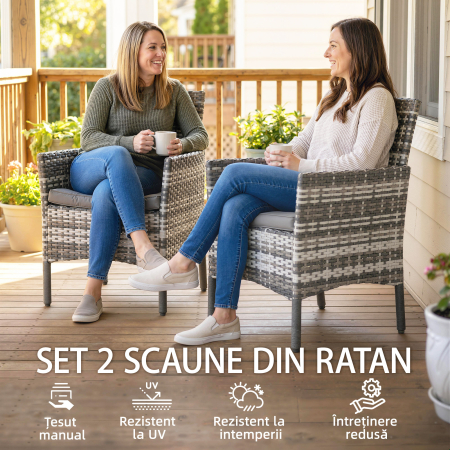  Set de 2 Scaune de Gradina din Ratan, Scaune de Exterior cu Perne, Cotiere si Spatar inalt, Cadru din Otel pentru Veranda, Balcon, Langa Piscina si Gradina, Gri [3]