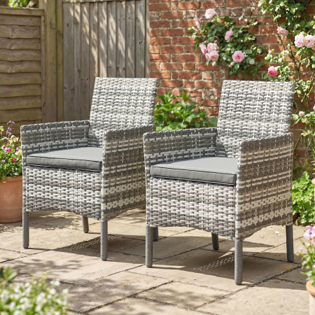  Set de 2 Scaune de Gradina din Ratan, Scaune de Exterior cu Perne, Cotiere si Spatar inalt, Cadru din Otel pentru Veranda, Balcon, Langa Piscina si Gradina, Gri [7]