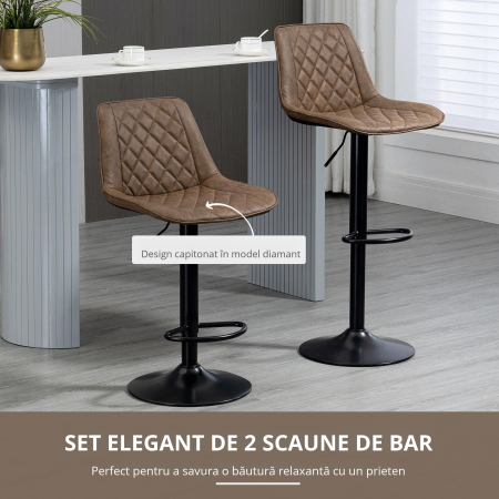  Set de 2 Scaune inalte de Bar cu inaltime Reglabila, Rotative cu Baza din Otel, 46,5x51x86-106 cm, Maro inchis [5]