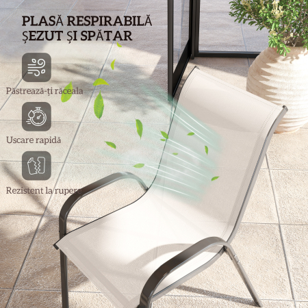  Set de 2 Scaune pentru Pranz in Aer Liber, Scaune Stivuibile cu Spatar inalt, sezut din Plasa Respirabila pentru Gradina, Gri Deschis [4]