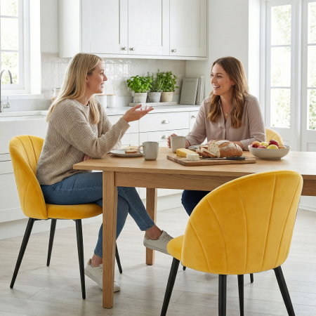  Set de 2 Scaune pentru Sufragerie din Catifea, Scaune pentru Bucatarie cu Spatar Curbat in Forma de Scoica, Picioare din Otel, Stil Nordic, Scaune Captusite pentru Bucatarie, Dormitor, Living, Galben [7]